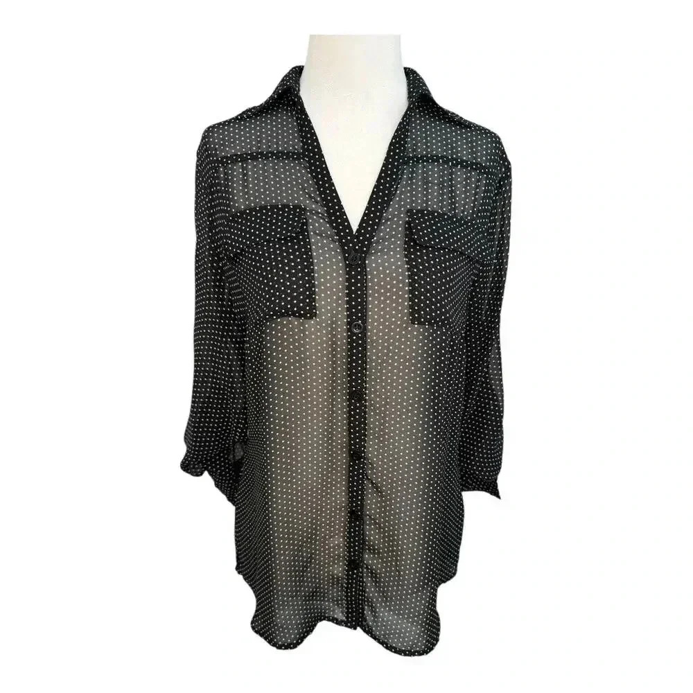New York‎ & Company Women's Small Sheer Polka Dot Blouse Black